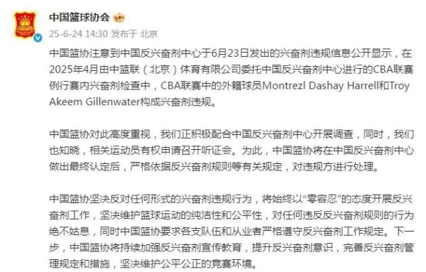 炒股配资平台技巧 两名CBA外援被查出兴奋剂违规，中国篮协回应
